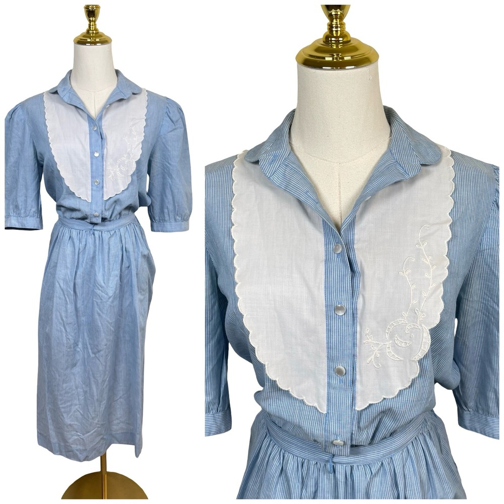 Vintage Pin Stripe Shirt Dress Womens 10 Blue Floral Embroidery Bib Collar 80s